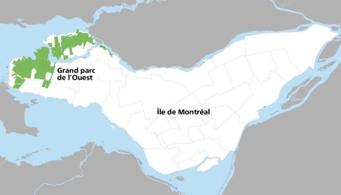 Carte de Le Grand parc de l'Ouest fera plus de 3 000 hectares, soit une superficie environ huit fois plus grande que celle de Central park. Le territoire concerné touche les arrondissements Pierrefonds-Roxboro et L'Île-Bizard — Sainte-Geneviève, les villes de Sainte-Anne-de-Bellevue, Kirkland et Beaconsfield, ainsi que le village de Senneville.