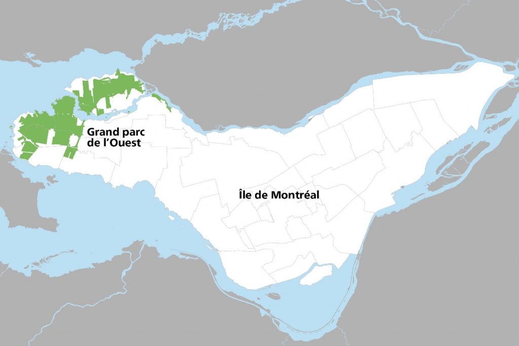 Carte de Le Grand parc de l'Ouest fera plus de 3 000 hectares, soit une superficie environ huit fois plus grande que celle de Central park. Le territoire concerné touche les arrondissements Pierrefonds-Roxboro et L'Île-Bizard — Sainte-Geneviève, les villes de Sainte-Anne-de-Bellevue, Kirkland et Beaconsfield, ainsi que le village de Senneville. 