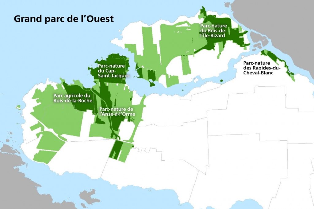 Carte de Le Grand parc de l'Ouest fera plus de 3 000 hectares, soit une superficie environ huit fois plus grande que celle de Central park.